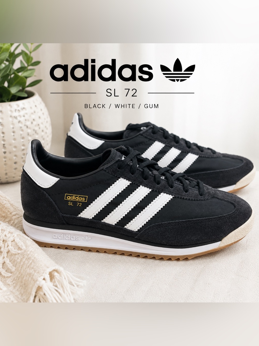 Adidas Originals SL 72 Black White Gum Sneakers NWOB Women’s 5 1/2 Retro